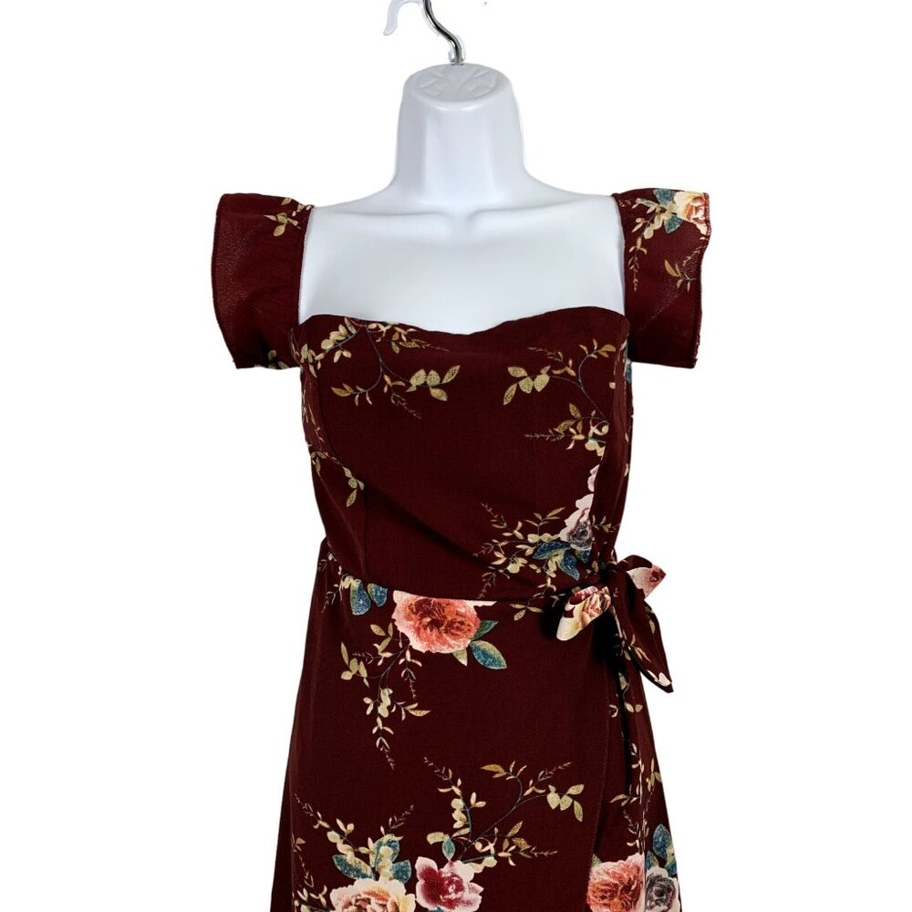 Womens Floral Print Maxi Dress With Ruffle Sleeves & Waist Tie Burgundy Small - Picture 2 of 10